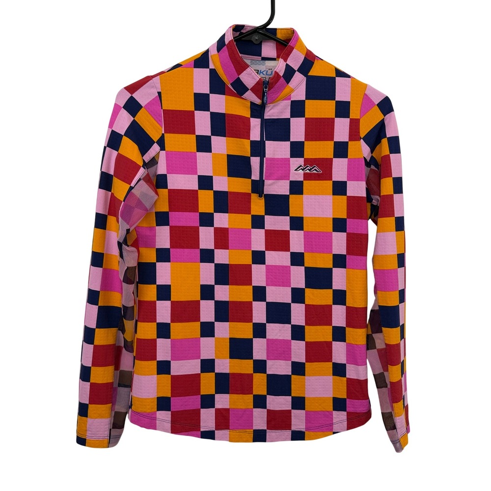 IBKUL Shirt Womens XS Pink Checkered Mock Neck Quarter Zip Sun UV UPF LOGO